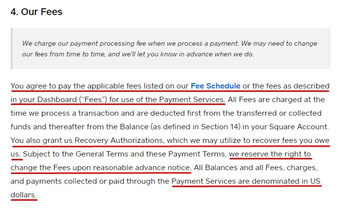 Square Payment Terms: Our Fees clause