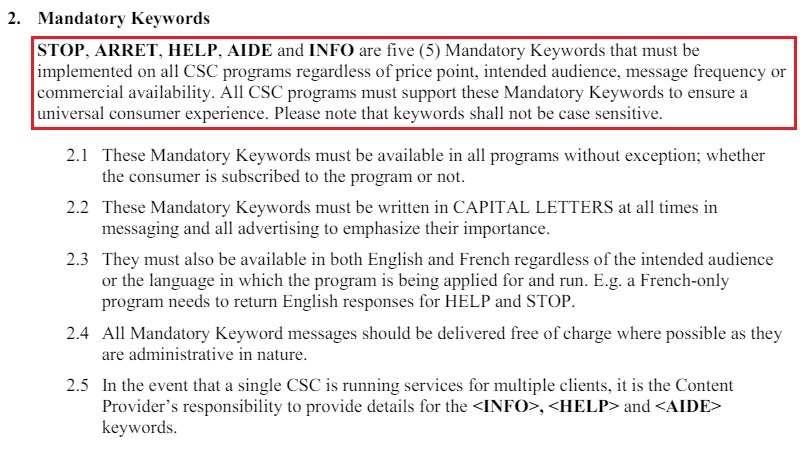Canadian Common Short Code Guidelines: Mandatory Keywords section