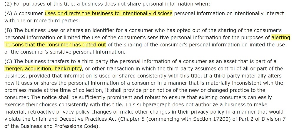 California Legislative Information: CCPA/CRPA Section 1798 40 ah 2 - Exceptions to the definition of sharing