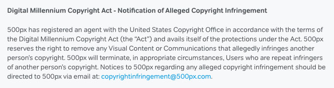 500px Terms of Service with separate email in DMCA clause