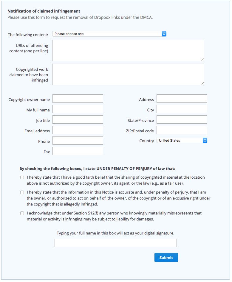 Dropbox DMCA Policy form