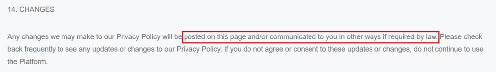 Changes clause in a Privacy Policy