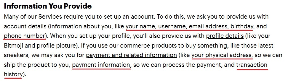 Snapchat Privacy Policy Information you provide clause