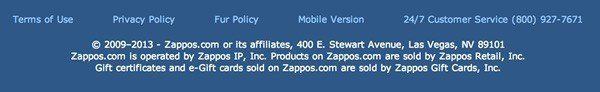 Zappos footer: Links to Terms of Use, Privacy Policy