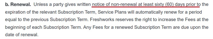 Freshworks Terms of Service Renewal clause