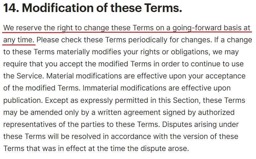 Doist Terms of Service: Modification to Terms clause