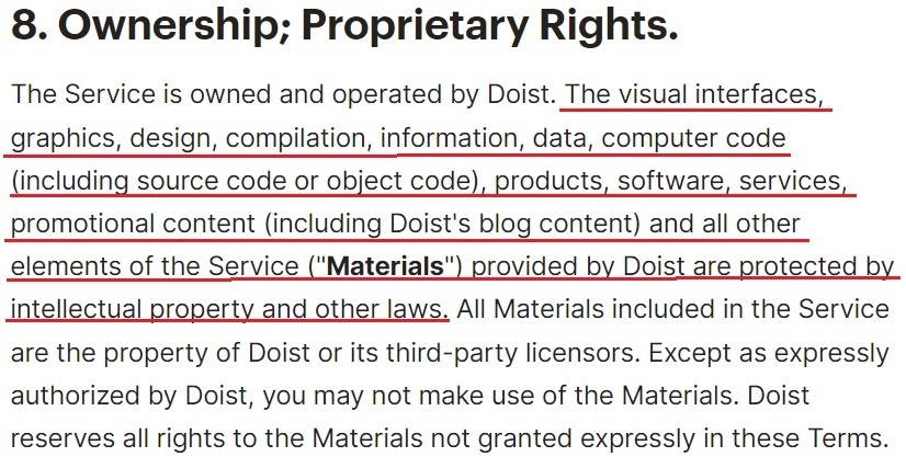 Doist Terms of Service: Ownership and Proprietary Rights clause