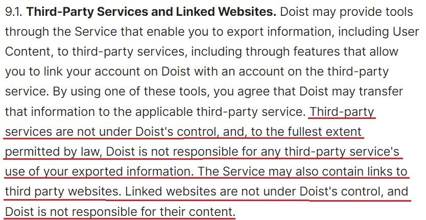 Doist Terms of Service: Third Party Services and Linked Websites clause