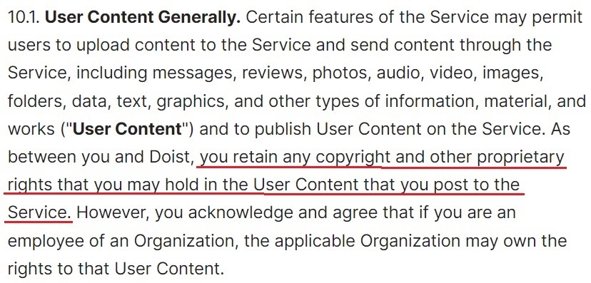 Doist Terms of Service: User Content clause