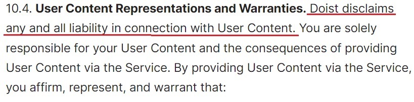 Doist Terms of Service: User ContentRepresentations and Warranties clause
