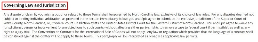 Epic Games Terms of Service: Governing Law and Jurisdiction clause