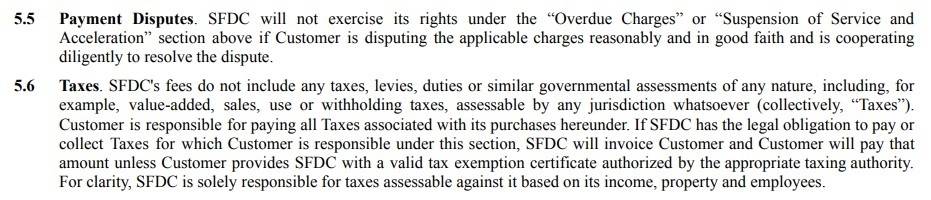 Salesforce Main Services Agreement: Fees and Payments - disputes clauses