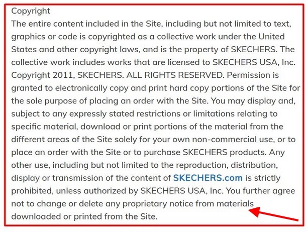 Skechers Terms and Conditions Copyright clause