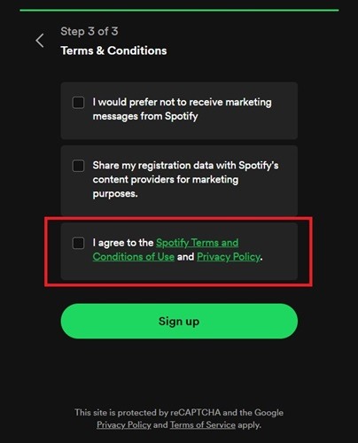 Spotify sign-up form with Agree checkbox highlighted