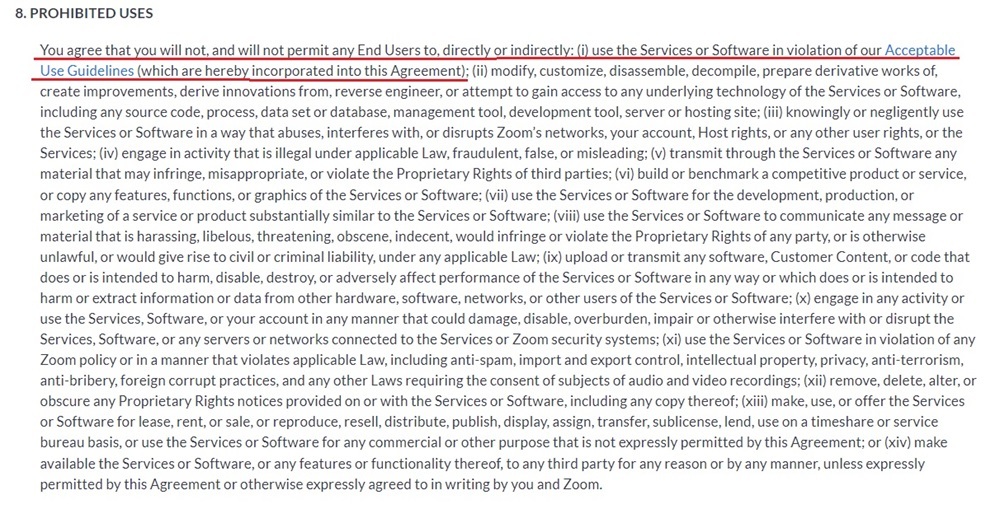 Zoom Terms of Service: Prohibited Uses clause