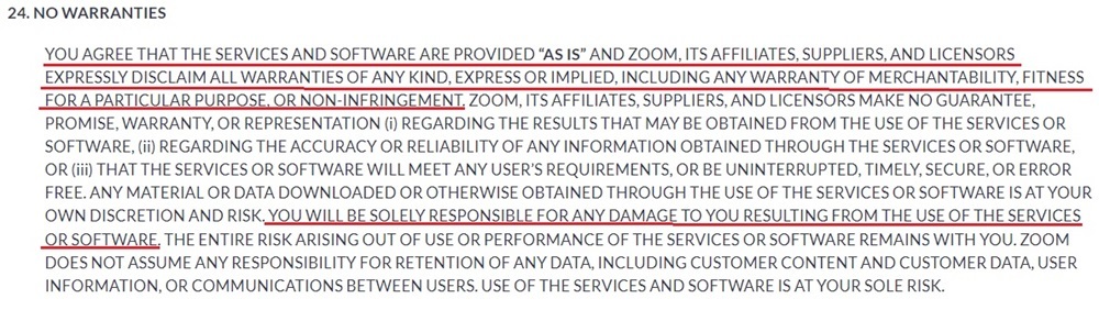 Zoom Terms of Service: No Warranties clause