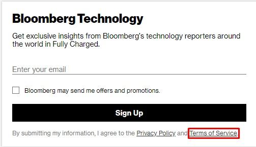 Bloomberg email sign-up form with Terms of Service link highlighted