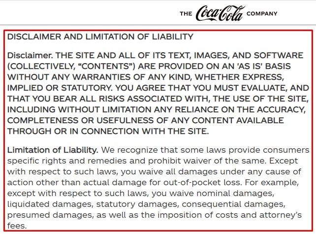Coca-Cola Terms of Use: Disclaimer and Limitation of Liability clause