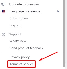 Grammarly mobile app  menu with Terms of Service link highlighted