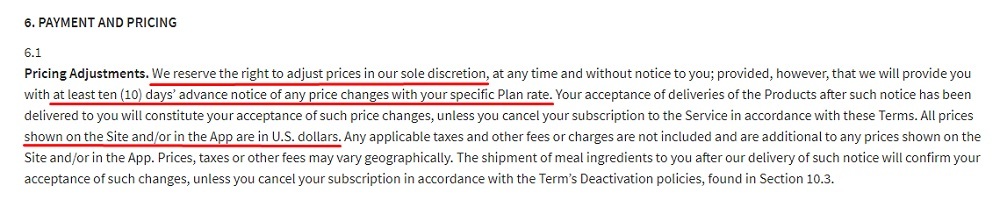 HelloFresh Terms and Conditions: Payment and Pricing clause