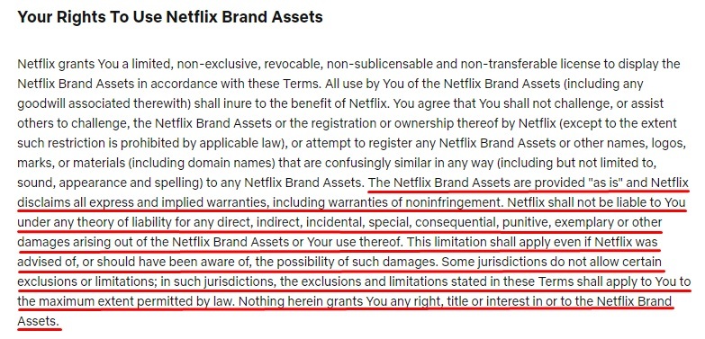 Netflix Terms and Conditions: Your Rights to Use Netflix Brand Assets clause with Disclaimer of warranty section highlighted