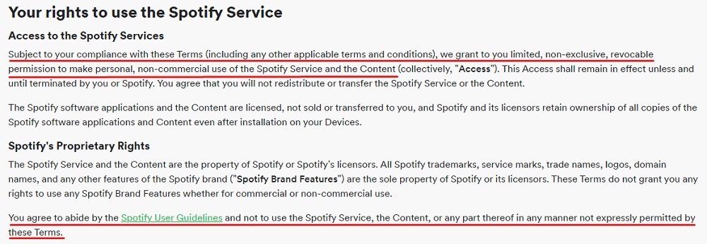 Spotify Terms of Use: Your rights to use the Spotify service and Spotify's Proprietary Rights sections