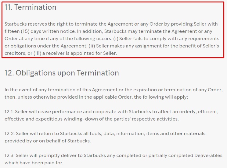 Starbucks Terms and Conditions: Termination clause