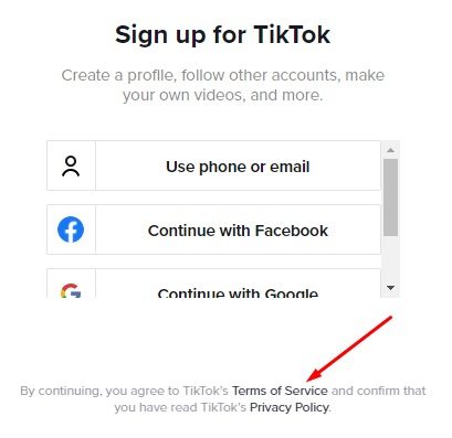 TikTok sign up page with Terms of Service link highlighted