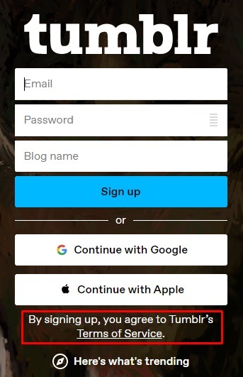 Tumblr account sign-up form with Terms of Service link highlighted