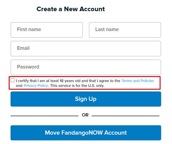 Vudu Create Account form with I Agree to Terms and Privacy Policy checkbox highlighted