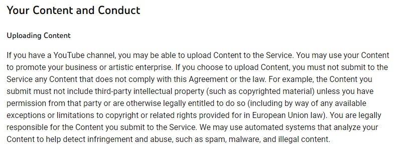 YouTube Terms of Service: Uploading Content clause