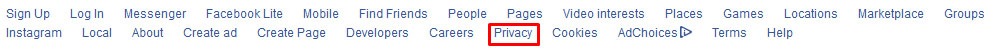 Facebook Privacy Policy link in footer - highlighted