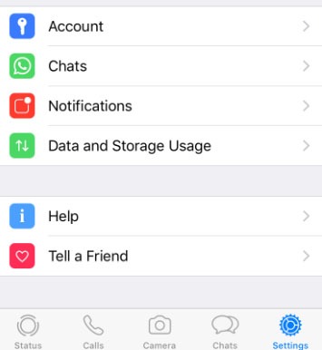 WhatsApp mobile app: Settings menu screenshot
